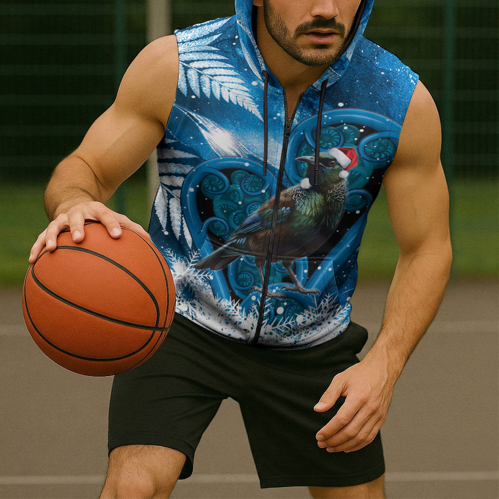 Tui Bird New Zealand Christmas In July Sleeveless Zip Hoodie NZ Aroha Koru Fern Marble Vibes