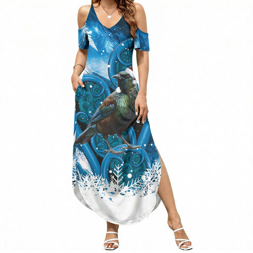 Tui Bird New Zealand Christmas In July Summer Maxi Dress NZ Aroha Koru Fern Marble Vibes