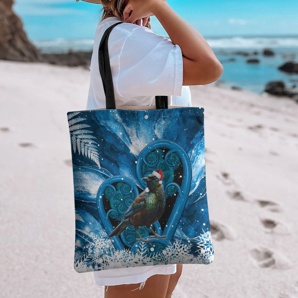 Tui Bird New Zealand Christmas In July Tote Bag NZ Aroha Koru Fern Marble Vibes