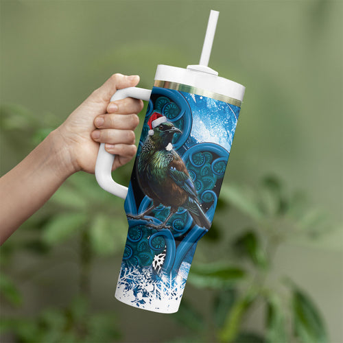 Tui Bird New Zealand Christmas In July Tumbler With Handle NZ Aroha Koru Fern Marble Vibes