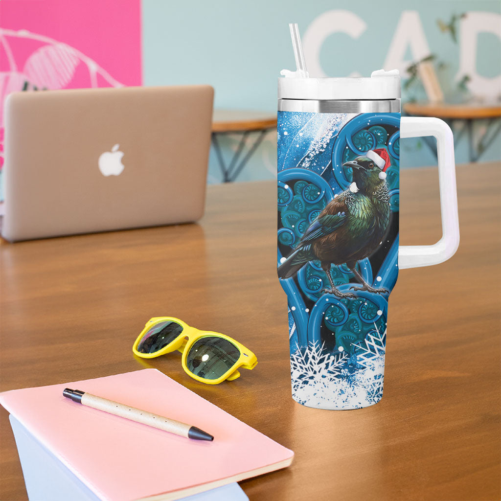 Tui Bird New Zealand Christmas In July Tumbler With Handle NZ Aroha Koru Fern Marble Vibes