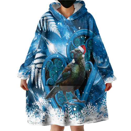 Tui Bird New Zealand Christmas In July Wearable Blanket Hoodie NZ Aroha Koru Fern Marble Vibes