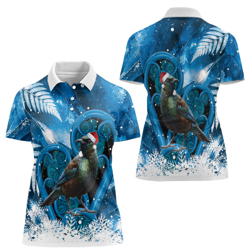 Tui Bird New Zealand Christmas In July Women Polo Shirt NZ Aroha Koru Fern Marble Vibes