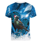 Tui Bird New Zealand Christmas In July Women V-Neck T-Shirt NZ Aroha Koru Fern Marble Vibes