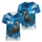 Tui Bird New Zealand Christmas In July Women V-Neck T-Shirt NZ Aroha Koru Fern Marble Vibes