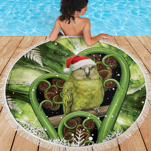 Kakapo New Zealand Christmas In July Beach Blanket NZ Aroha Koru Fern Marble Vibes