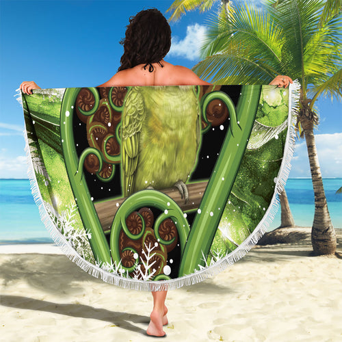 Kakapo New Zealand Christmas In July Beach Blanket NZ Aroha Koru Fern Marble Vibes