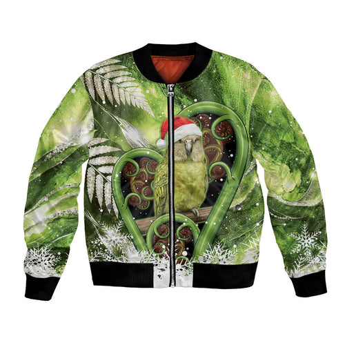 Kakapo New Zealand Christmas In July Bomber Jacket NZ Aroha Koru Fern Marble Vibes