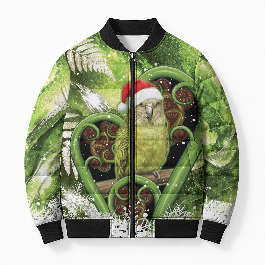 Kakapo New Zealand Christmas In July Bomber Puffer Jacket NZ Aroha Koru Fern Marble Vibes