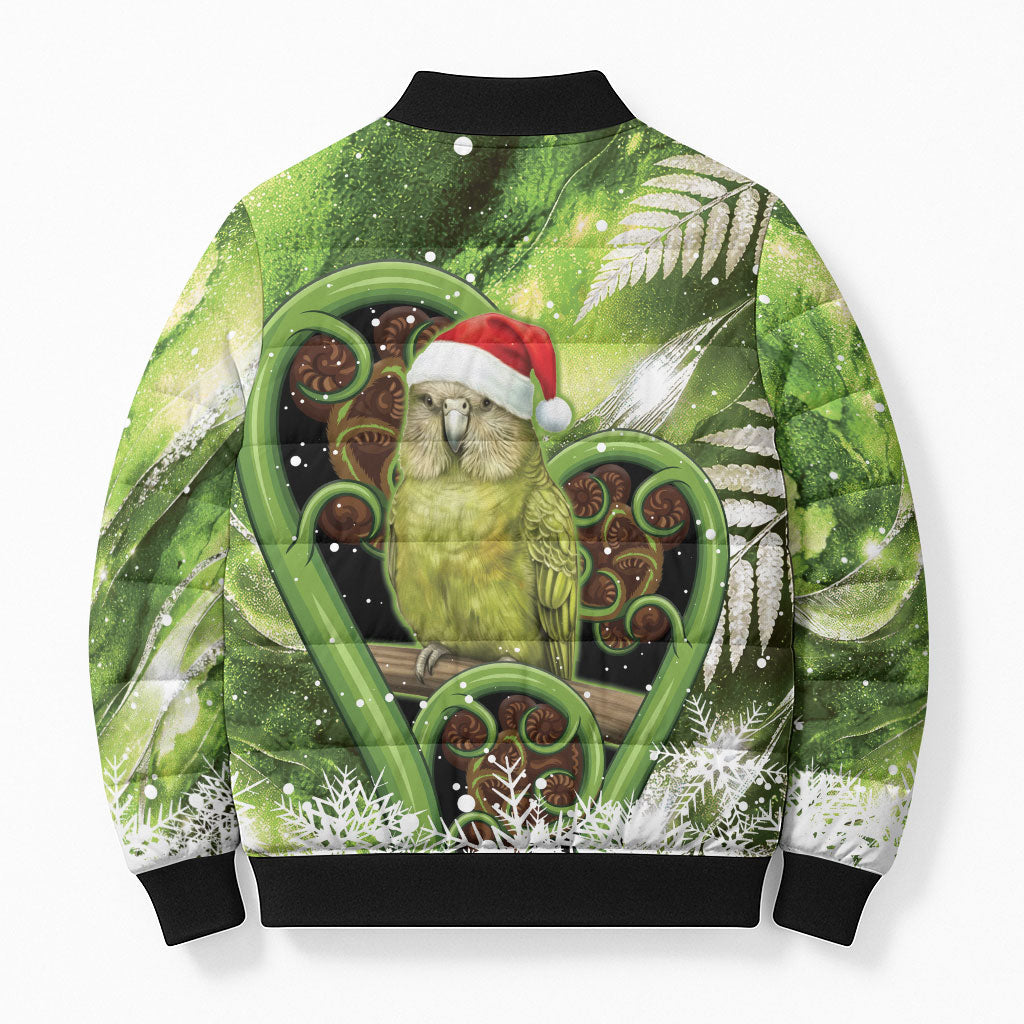 Kakapo New Zealand Christmas In July Bomber Puffer Jacket NZ Aroha Koru Fern Marble Vibes