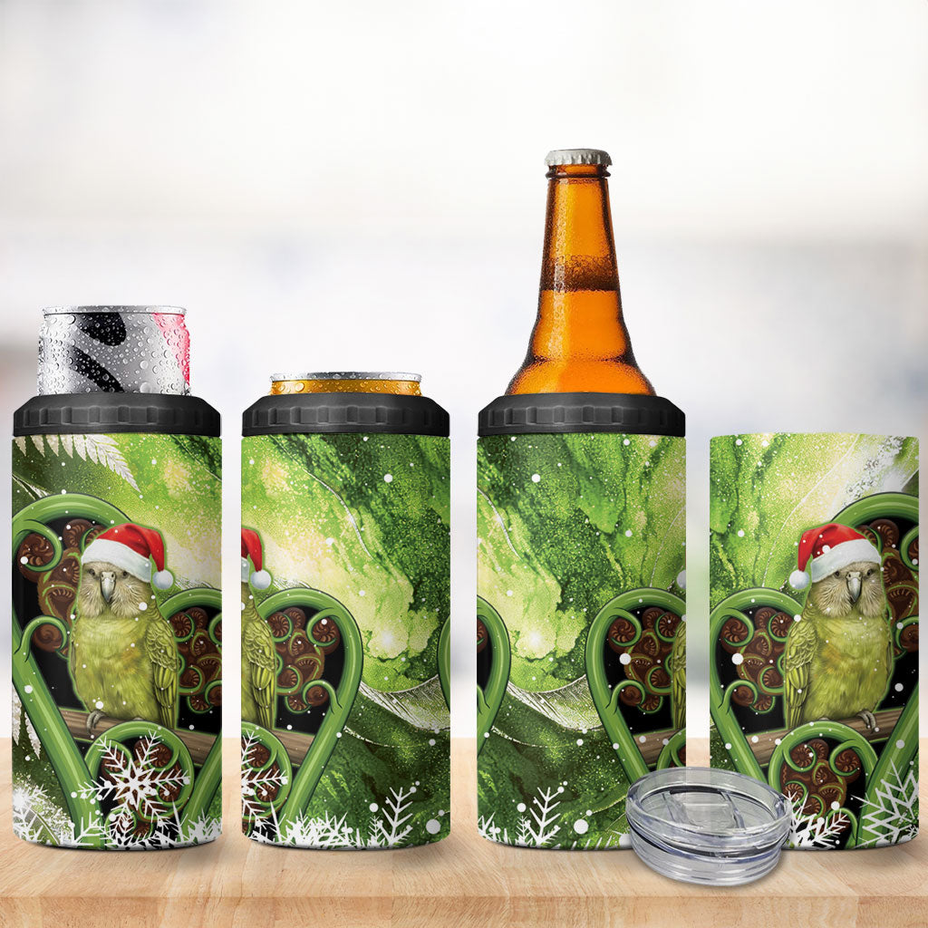 Kakapo New Zealand Christmas In July 4 in 1 Can Cooler Tumbler NZ Aroha Koru Fern Marble Vibes
