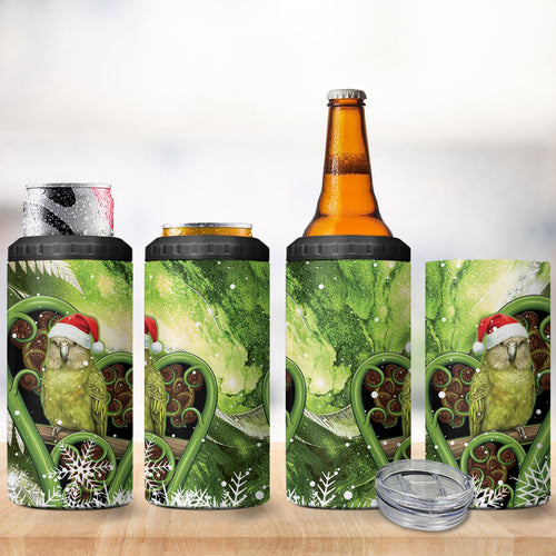 Kakapo New Zealand Christmas In July 4 in 1 Can Cooler Tumbler NZ Aroha Koru Fern Marble Vibes