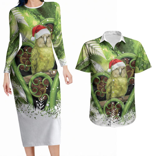 Kakapo New Zealand Christmas In July Couples Matching Long Sleeve Bodycon Dress and Hawaiian Shirt NZ Aroha Koru Fern Marble Vibes