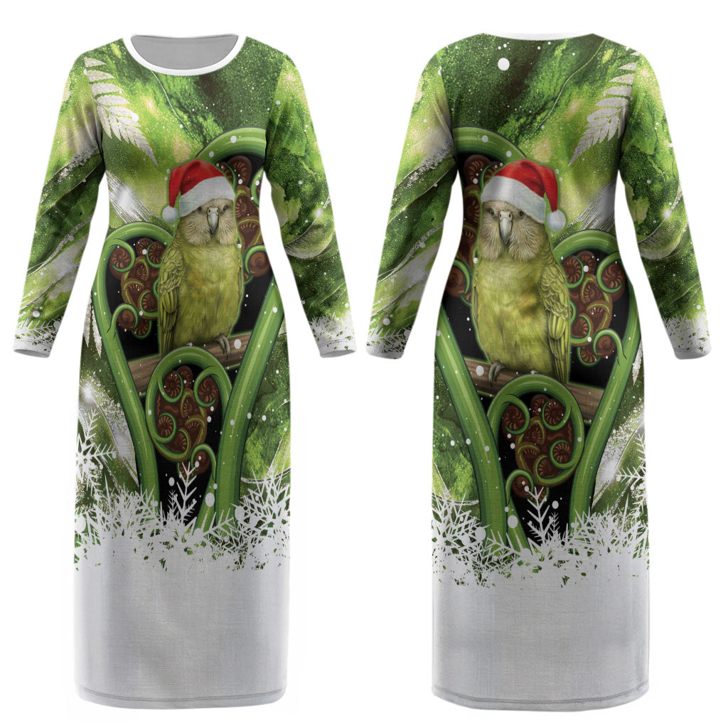 Kakapo New Zealand Christmas In July Couples Matching Long Sleeve Bodycon Dress and Hawaiian Shirt NZ Aroha Koru Fern Marble Vibes LT14