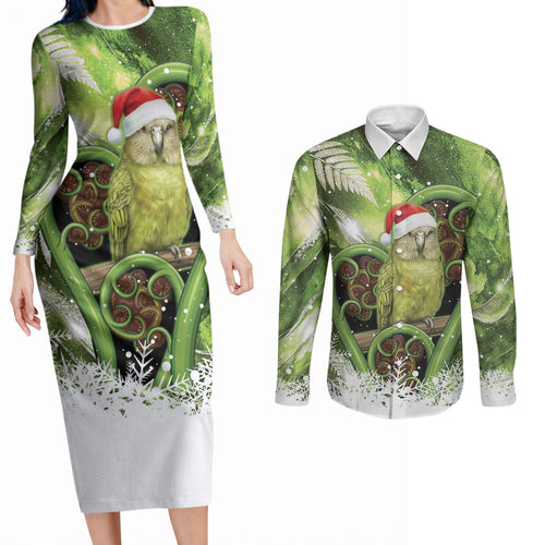 Kakapo New Zealand Christmas In July Couples Matching Long Sleeve Bodycon Dress and Long Sleeve Button Shirt NZ Aroha Koru Fern Marble Vibes
