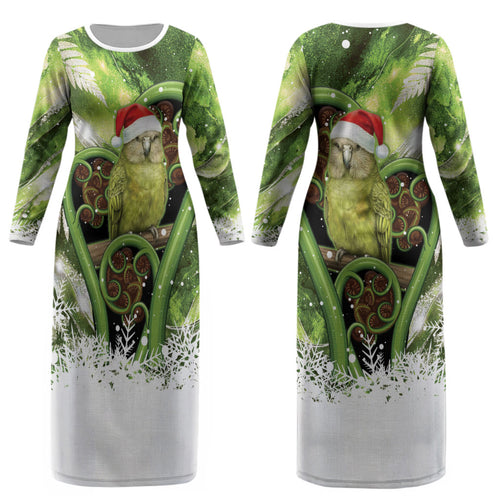 Kakapo New Zealand Christmas In July Couples Matching Long Sleeve Bodycon Dress and Long Sleeve Button Shirt NZ Aroha Koru Fern Marble Vibes LT14