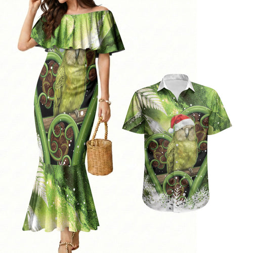 Kakapo New Zealand Christmas In July Couples Matching Mermaid Dress and Hawaiian Shirt NZ Aroha Koru Fern Marble Vibes