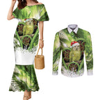 Kakapo New Zealand Christmas In July Couples Matching Mermaid Dress and Long Sleeve Button Shirt NZ Aroha Koru Fern Marble Vibes