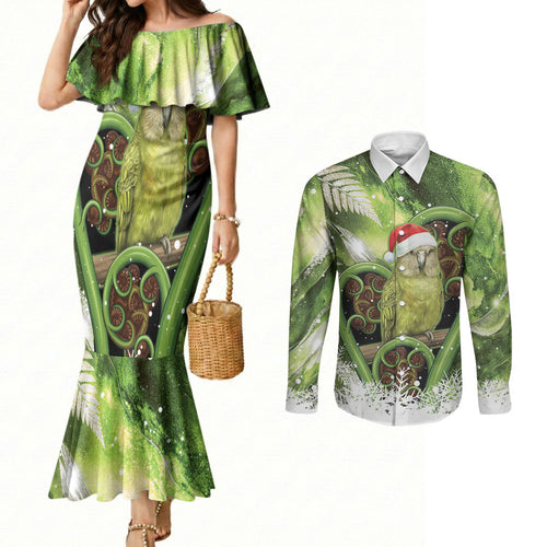 Kakapo New Zealand Christmas In July Couples Matching Mermaid Dress and Long Sleeve Button Shirt NZ Aroha Koru Fern Marble Vibes