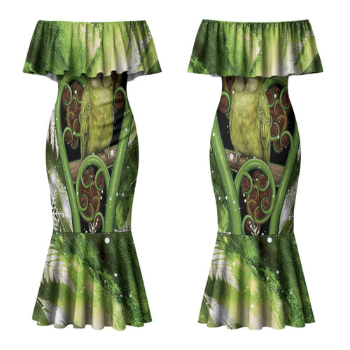 Kakapo New Zealand Christmas In July Couples Matching Mermaid Dress and Long Sleeve Button Shirt NZ Aroha Koru Fern Marble Vibes LT14