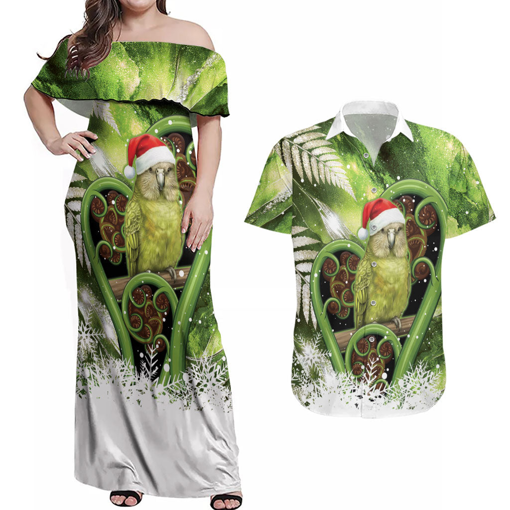 Kakapo New Zealand Christmas In July Couples Matching Off Shoulder Maxi Dress and Hawaiian Shirt NZ Aroha Koru Fern Marble Vibes