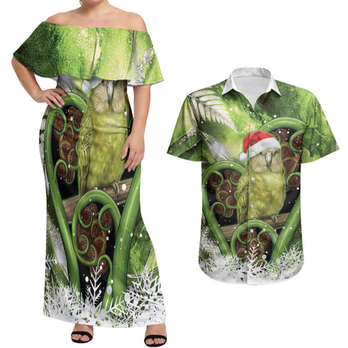 Kakapo New Zealand Christmas In July Couples Matching Off Shoulder Maxi Dress and Hawaiian Shirt NZ Aroha Koru Fern Marble Vibes
