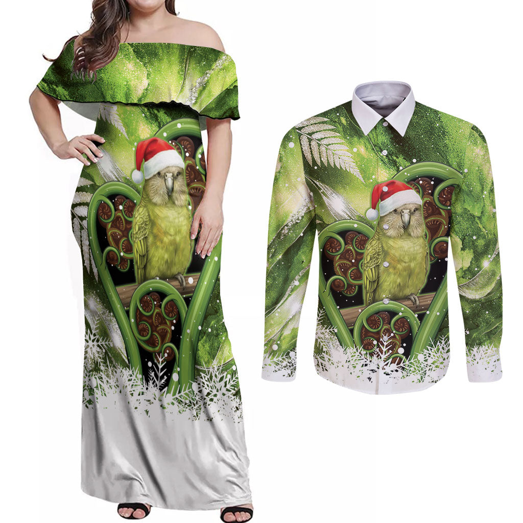 Kakapo New Zealand Christmas In July Couples Matching Off Shoulder Maxi Dress and Long Sleeve Button Shirt NZ Aroha Koru Fern Marble Vibes