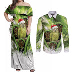 Kakapo New Zealand Christmas In July Couples Matching Off Shoulder Maxi Dress and Long Sleeve Button Shirt NZ Aroha Koru Fern Marble Vibes