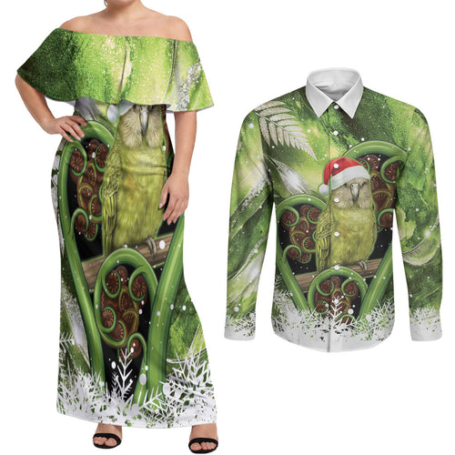 Kakapo New Zealand Christmas In July Couples Matching Off Shoulder Maxi Dress and Long Sleeve Button Shirt NZ Aroha Koru Fern Marble Vibes