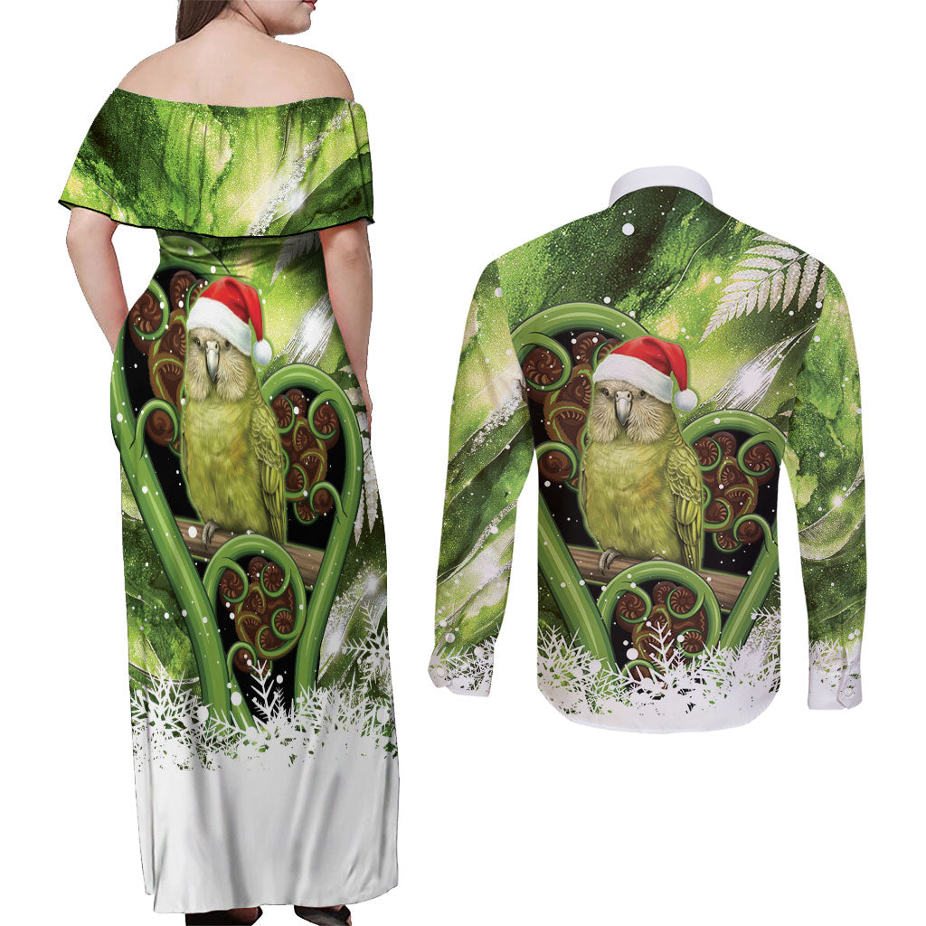 Kakapo New Zealand Christmas In July Couples Matching Off Shoulder Maxi Dress and Long Sleeve Button Shirt NZ Aroha Koru Fern Marble Vibes