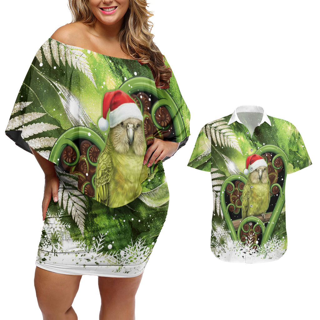 Kakapo New Zealand Christmas In July Couples Matching Off Shoulder Short Dress and Hawaiian Shirt NZ Aroha Koru Fern Marble Vibes