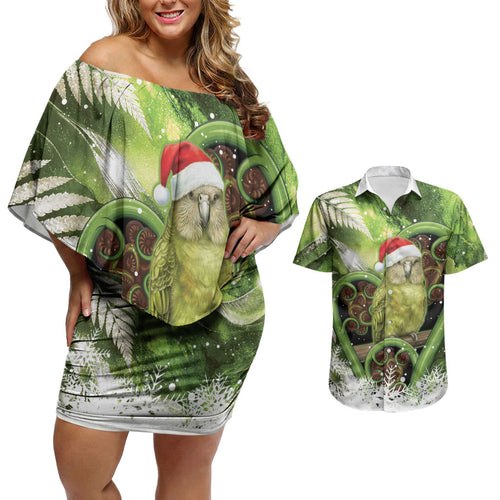 Kakapo New Zealand Christmas In July Couples Matching Off Shoulder Short Dress and Hawaiian Shirt NZ Aroha Koru Fern Marble Vibes