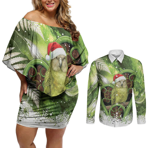 Kakapo New Zealand Christmas In July Couples Matching Off Shoulder Short Dress and Long Sleeve Button Shirt NZ Aroha Koru Fern Marble Vibes