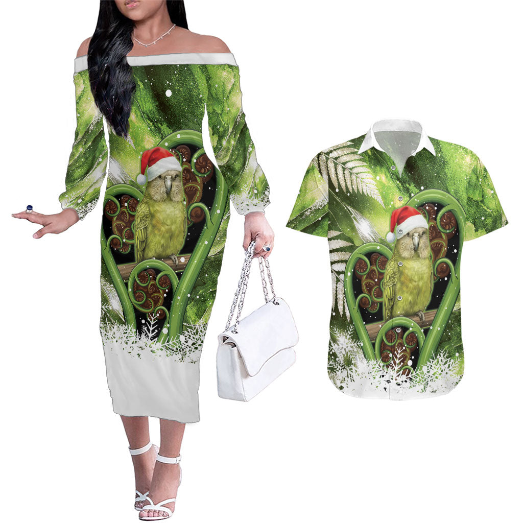 Kakapo New Zealand Christmas In July Couples Matching Off The Shoulder Long Sleeve Dress and Hawaiian Shirt NZ Aroha Koru Fern Marble Vibes