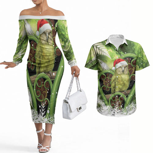 Kakapo New Zealand Christmas In July Couples Matching Off The Shoulder Long Sleeve Dress and Hawaiian Shirt NZ Aroha Koru Fern Marble Vibes
