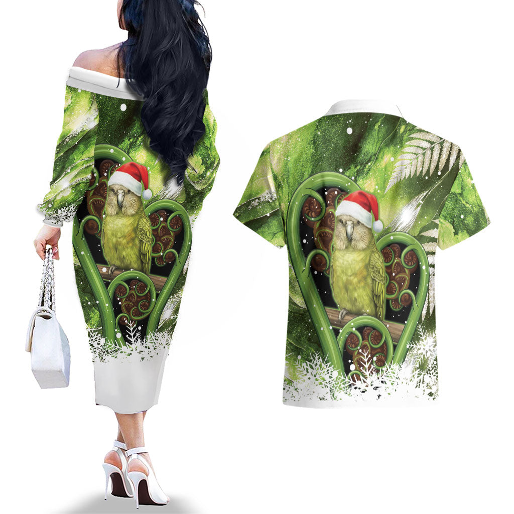 Kakapo New Zealand Christmas In July Couples Matching Off The Shoulder Long Sleeve Dress and Hawaiian Shirt NZ Aroha Koru Fern Marble Vibes