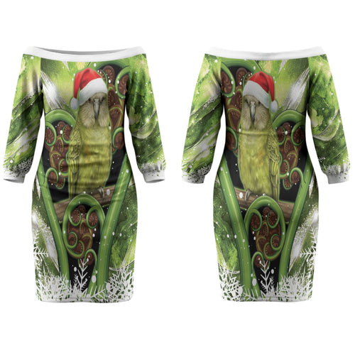 Kakapo New Zealand Christmas In July Couples Matching Off The Shoulder Long Sleeve Dress and Hawaiian Shirt NZ Aroha Koru Fern Marble Vibes LT14