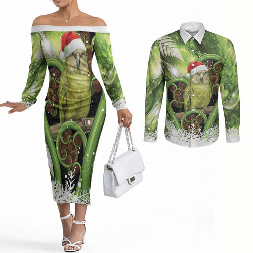 Kakapo New Zealand Christmas In July Couples Matching Off The Shoulder Long Sleeve Dress and Long Sleeve Button Shirt NZ Aroha Koru Fern Marble Vibes