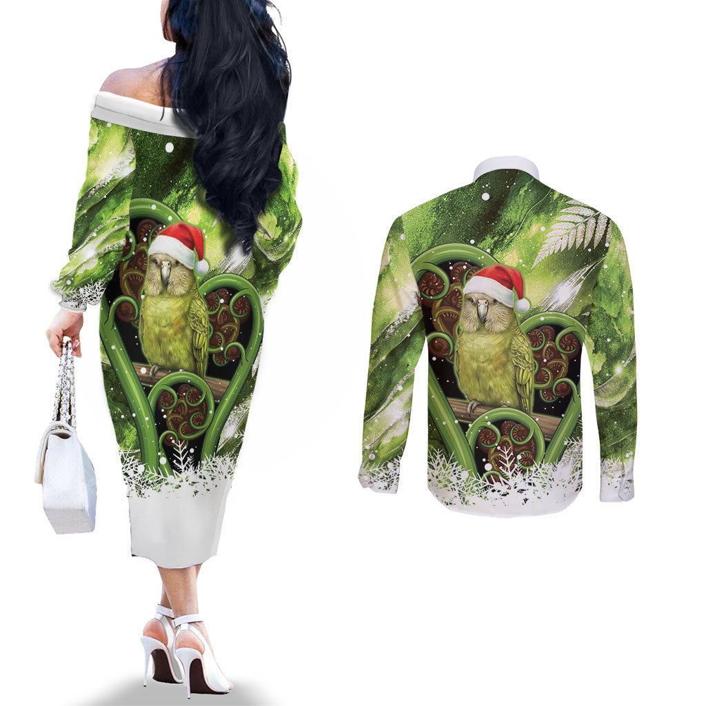 Kakapo New Zealand Christmas In July Couples Matching Off The Shoulder Long Sleeve Dress and Long Sleeve Button Shirt NZ Aroha Koru Fern Marble Vibes