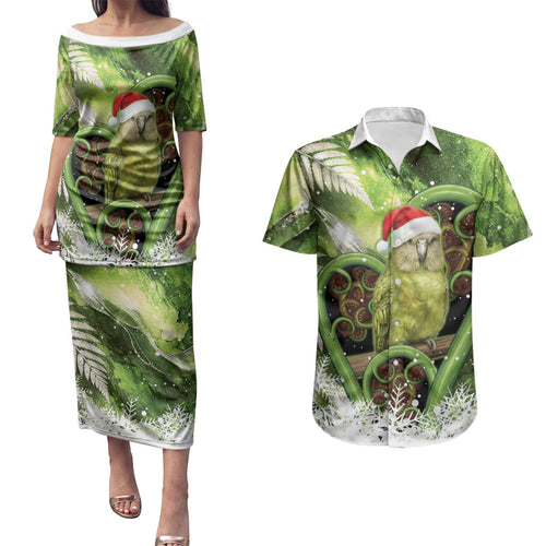 Kakapo New Zealand Christmas In July Couples Matching Puletasi and Hawaiian Shirt NZ Aroha Koru Fern Marble Vibes
