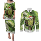 Kakapo New Zealand Christmas In July Couples Matching Puletasi and Long Sleeve Button Shirt NZ Aroha Koru Fern Marble Vibes
