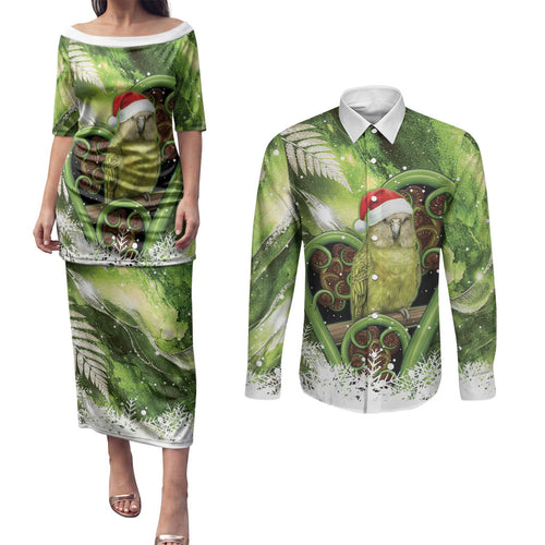 Kakapo New Zealand Christmas In July Couples Matching Puletasi and Long Sleeve Button Shirt NZ Aroha Koru Fern Marble Vibes