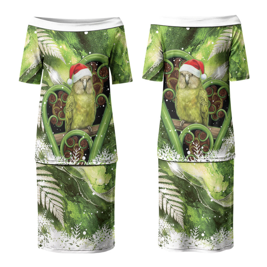 Kakapo New Zealand Christmas In July Couples Matching Puletasi and Long Sleeve Button Shirt NZ Aroha Koru Fern Marble Vibes LT14
