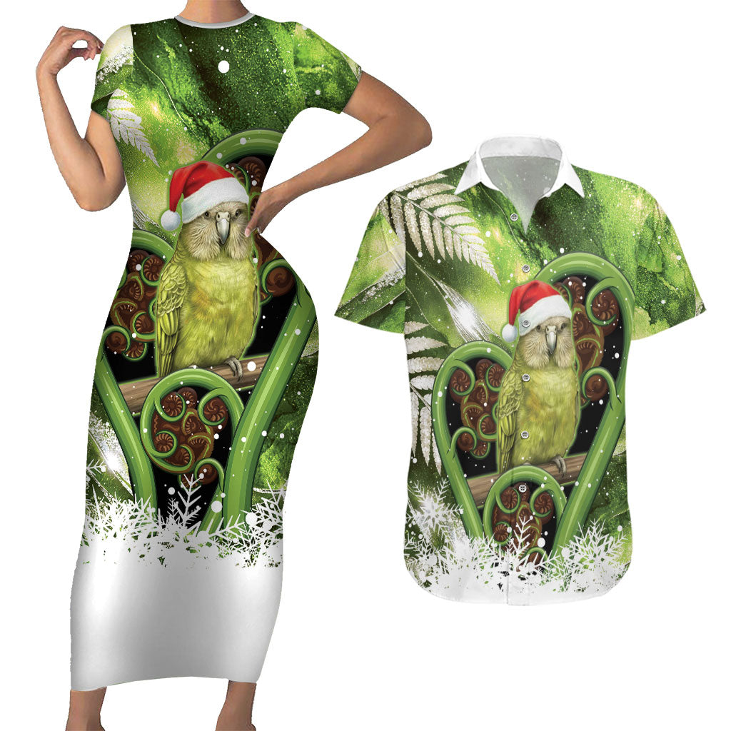 Kakapo New Zealand Christmas In July Couples Matching Short Sleeve Bodycon Dress and Hawaiian Shirt NZ Aroha Koru Fern Marble Vibes