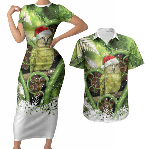 Kakapo New Zealand Christmas In July Couples Matching Short Sleeve Bodycon Dress and Hawaiian Shirt NZ Aroha Koru Fern Marble Vibes
