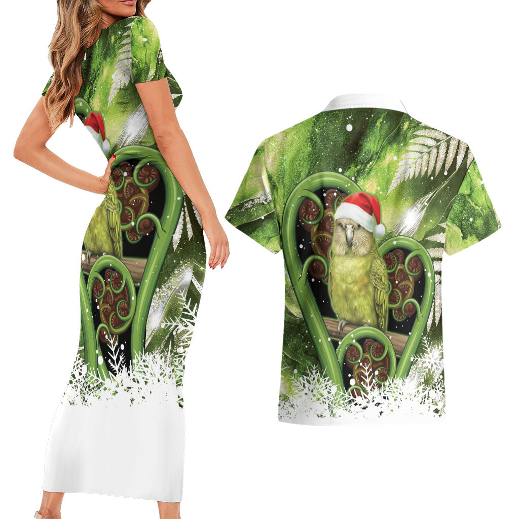 Kakapo New Zealand Christmas In July Couples Matching Short Sleeve Bodycon Dress and Hawaiian Shirt NZ Aroha Koru Fern Marble Vibes