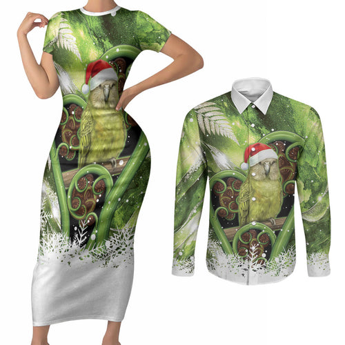 Kakapo New Zealand Christmas In July Couples Matching Short Sleeve Bodycon Dress and Long Sleeve Button Shirt NZ Aroha Koru Fern Marble Vibes