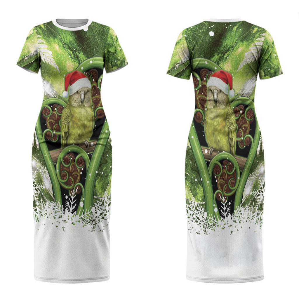 Kakapo New Zealand Christmas In July Couples Matching Short Sleeve Bodycon Dress and Long Sleeve Button Shirt NZ Aroha Koru Fern Marble Vibes LT14
