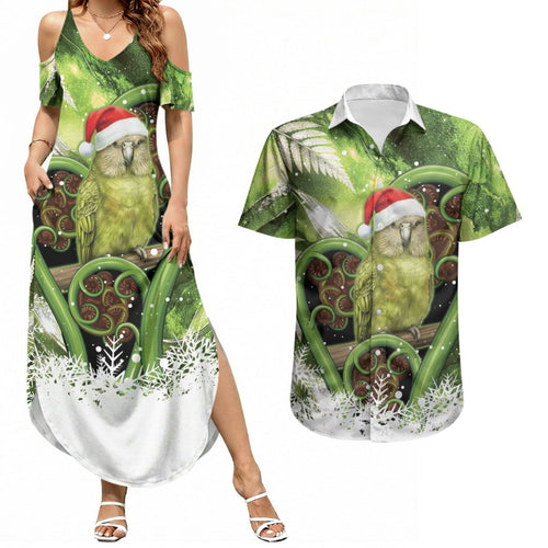 Kakapo New Zealand Christmas In July Couples Matching Summer Maxi Dress and Hawaiian Shirt NZ Aroha Koru Fern Marble Vibes
