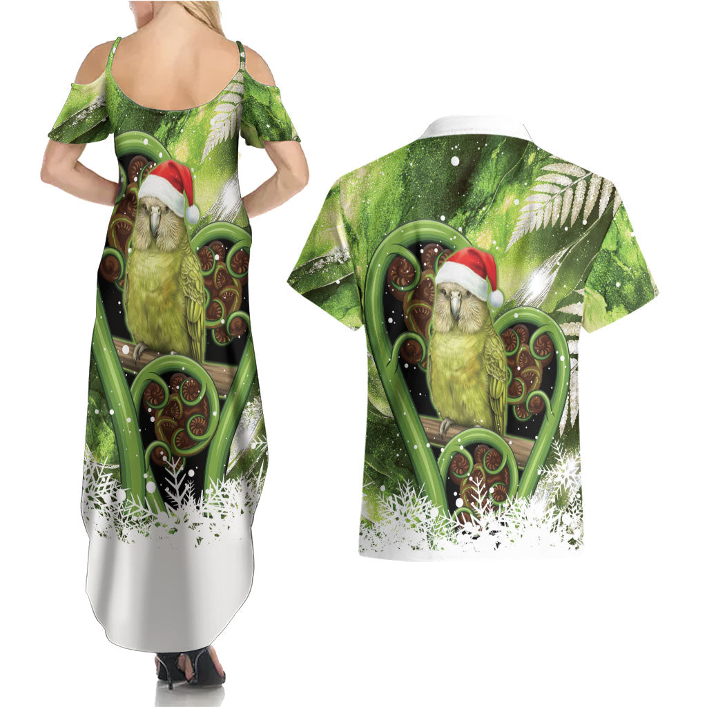 Kakapo New Zealand Christmas In July Couples Matching Summer Maxi Dress and Hawaiian Shirt NZ Aroha Koru Fern Marble Vibes